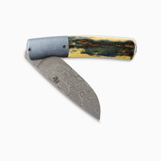 Brad Zinker - Custom FR 3.0 Linerlock Damasteel Flipper w/ Mammoth Ivory Scales & Blue Zirc Bolsters