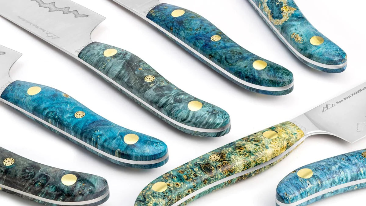 Beautiful Blue Resin Steak Knife Set With Damascus Engraved